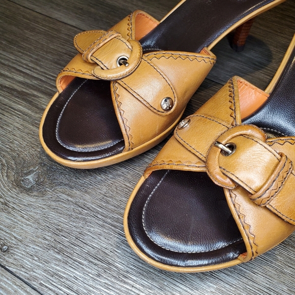 COLE HAAN Brown Leather Opened Toe Heeled Mules with Buckle - Picture 3 of 9
